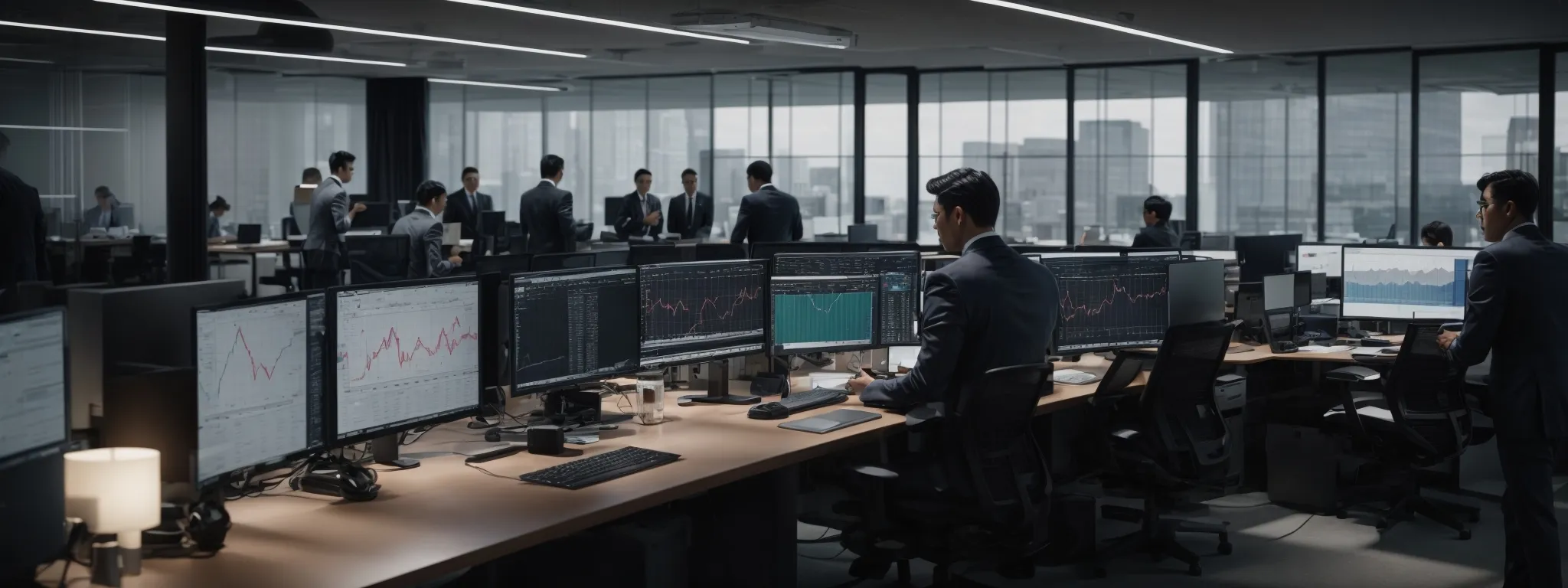 a team of professionals analyzing graphs and charts on large computer screens in a modern office.