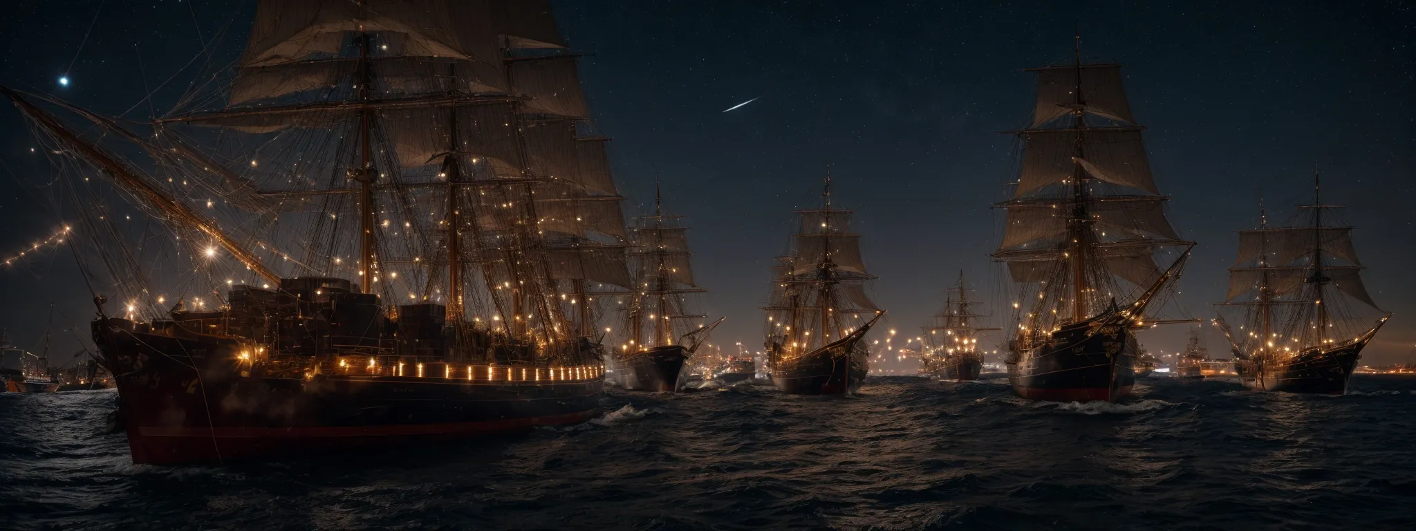 a fleet of ships adjusting their sails as they navigate using an intricate network of compasses and maps under a starry sky.