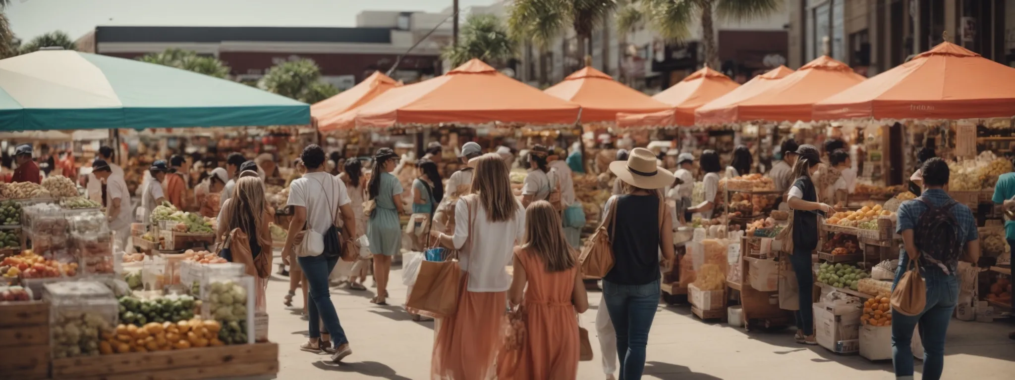 people shopping in a vibrant jacksonville marketplace engaging with local products on a sunny day.