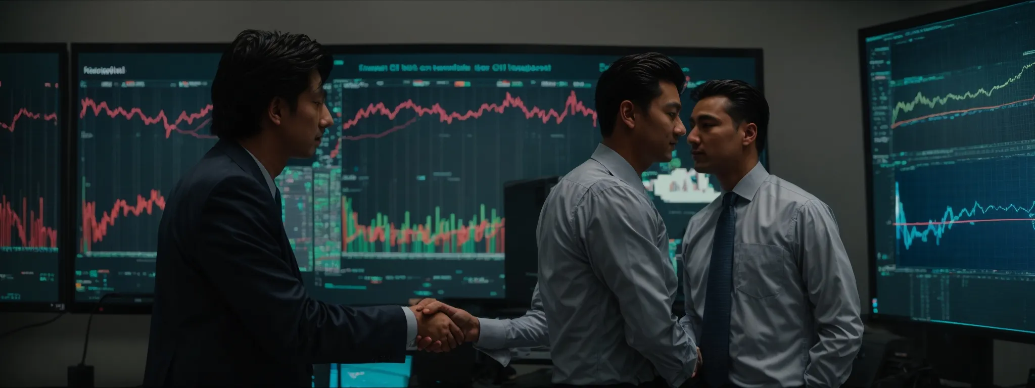 two corporate representatives shaking hands in front of a large computer monitor displaying bright, ascending graphs.
