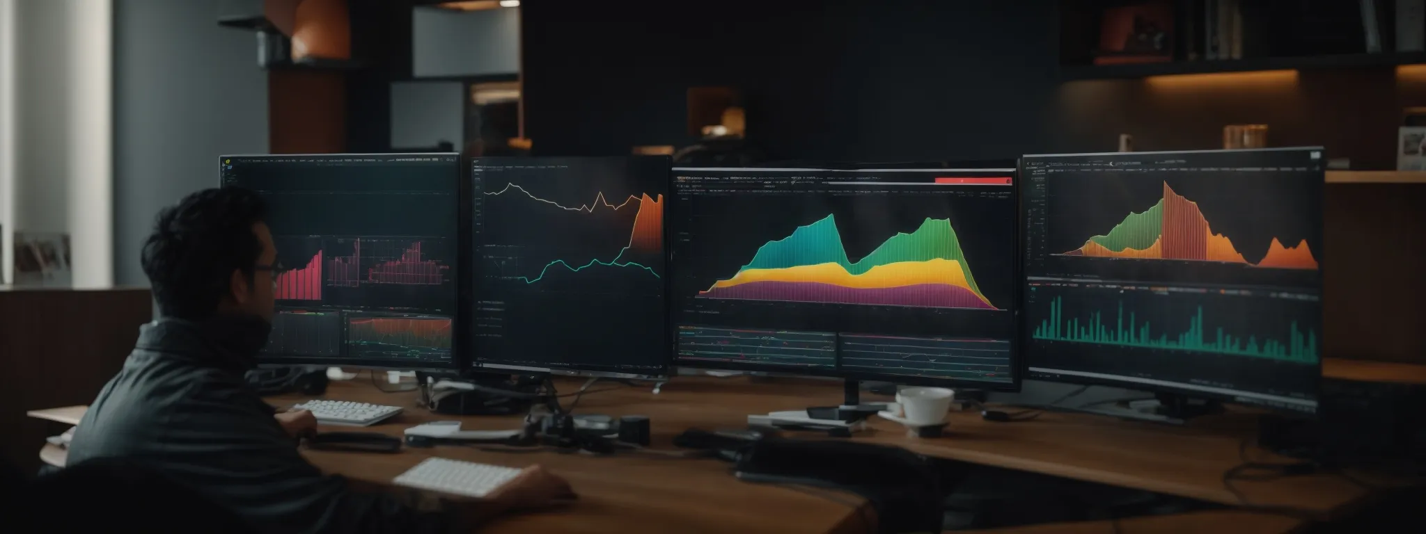two professionals collaborate over a computer displaying colorful graphs and customer analytics.
