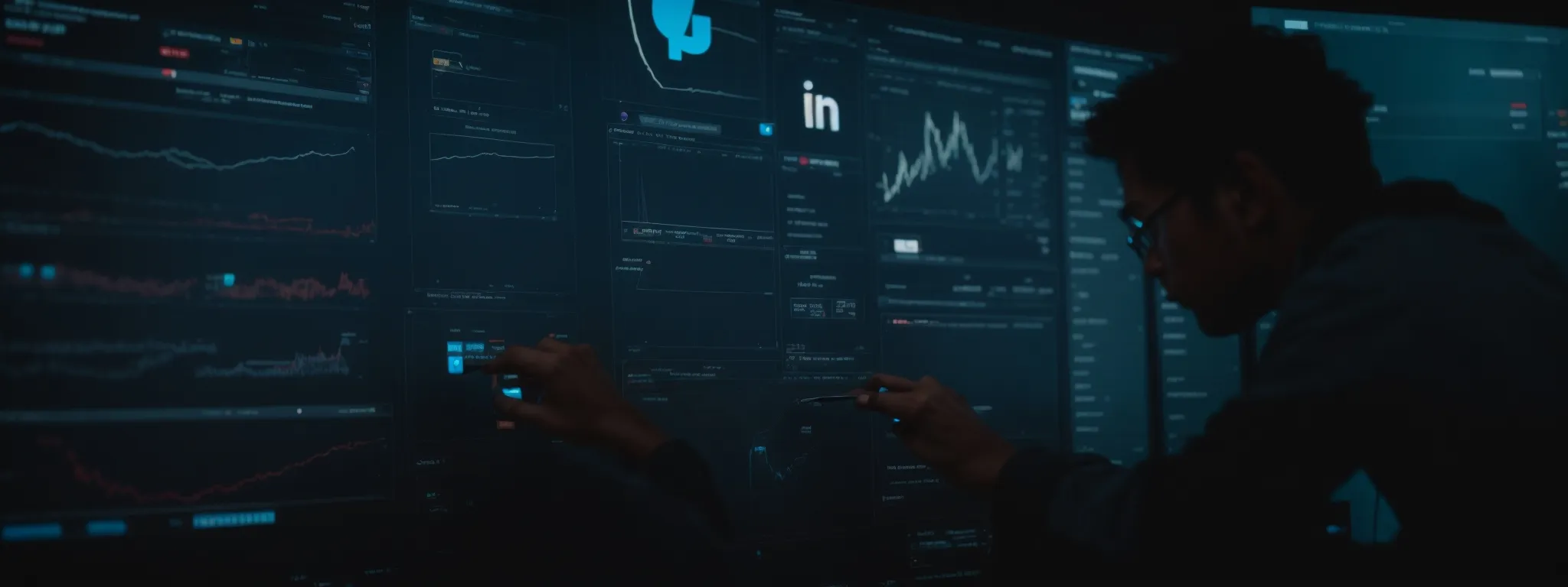 a professional touching a glowing digital screen that displays the linkedin logo surrounded by symbols of search magnifying glasses and trending graphs.