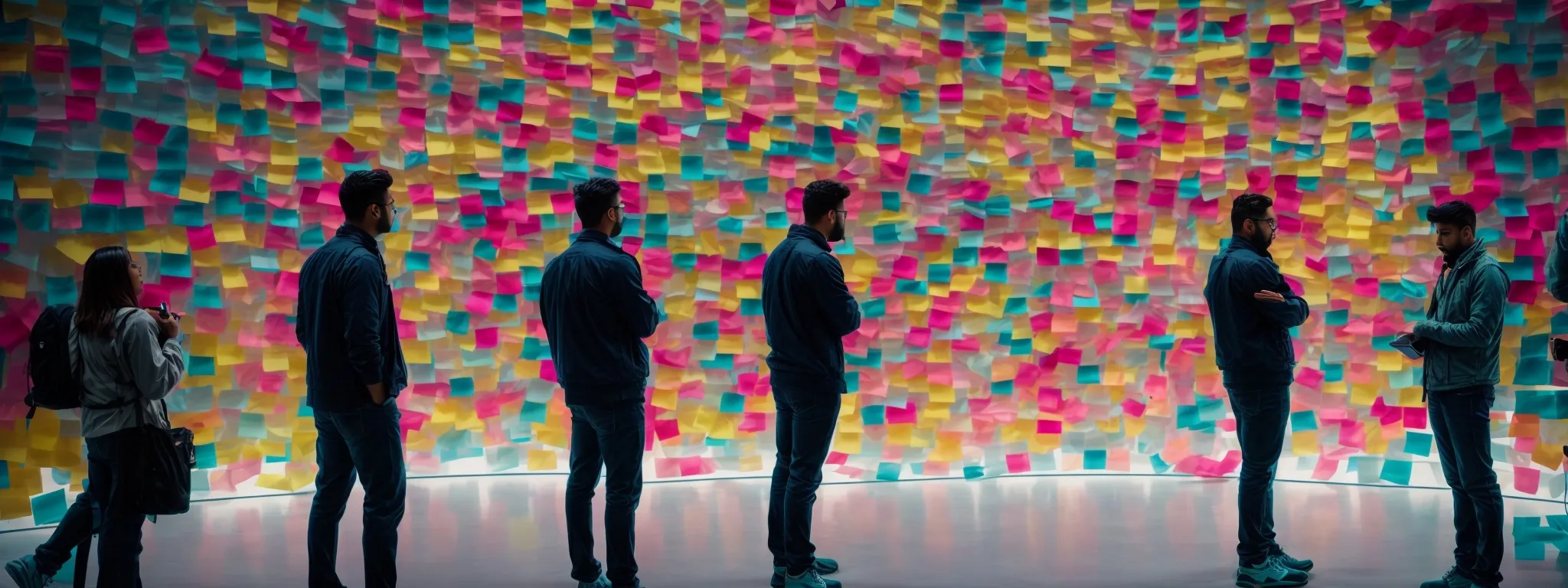 a team is gathered around a large digital screen, organizing colorful sticky notes into columns.