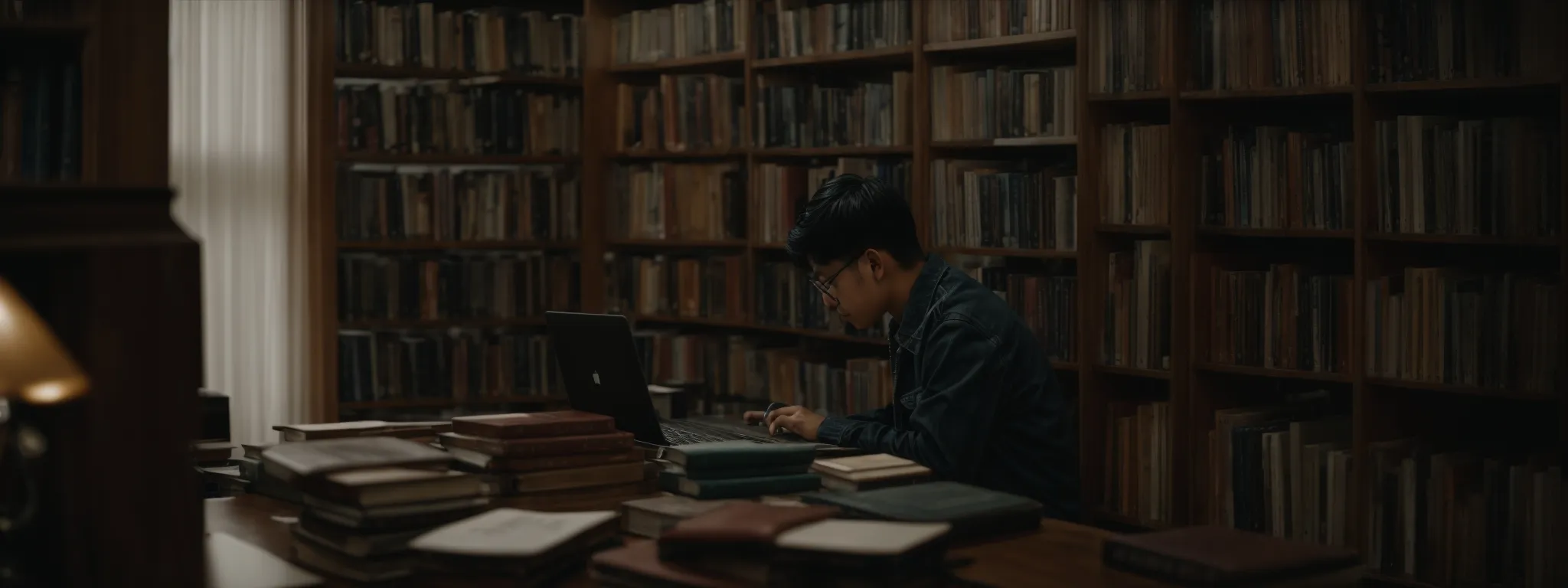 a person typing on a laptop in a library full of books.