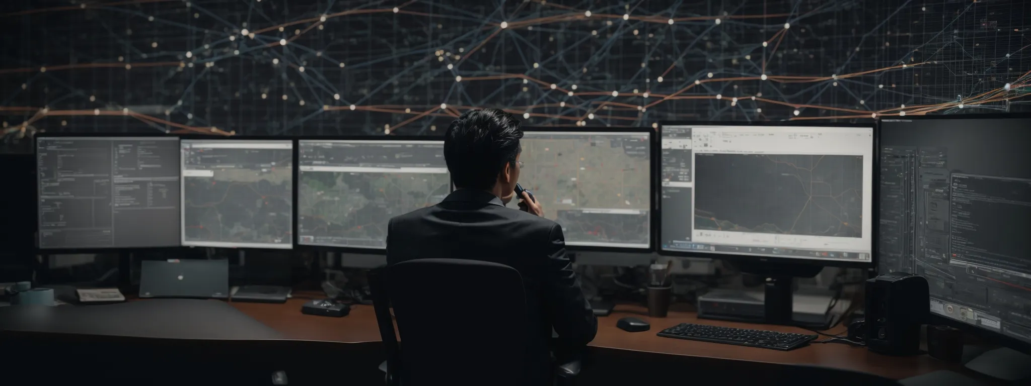 a professional at their desk analyzes a computer screen displaying a web of connected nodes representing seo link-building strategies.