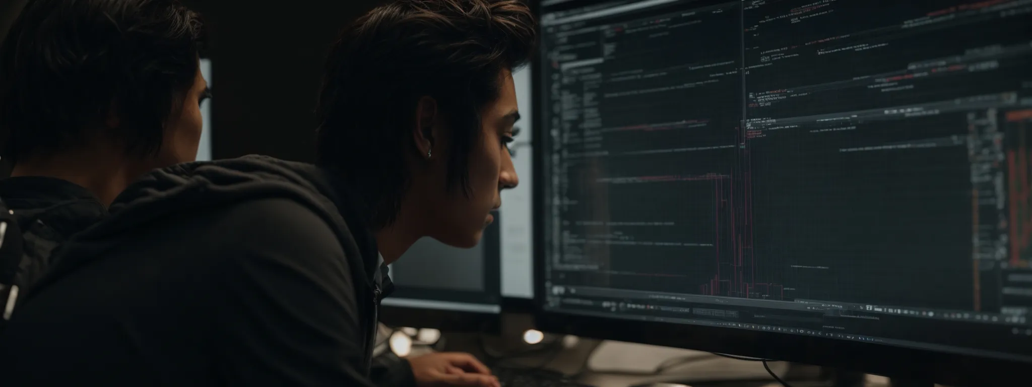 a web developer intently scrutinizes analytics on a computer screen, optimizing a website's search engine results.
