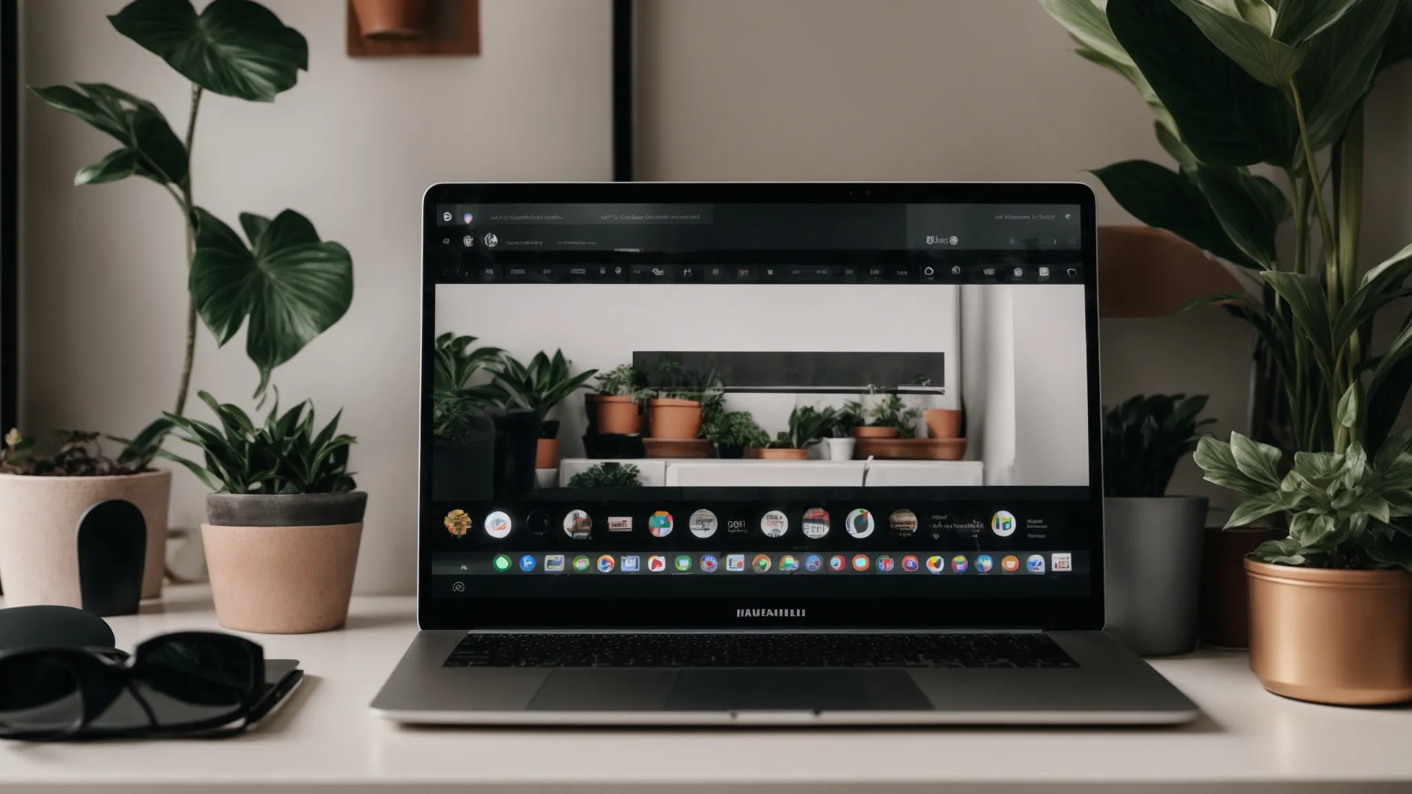 a laptop with blank stickers over its webcam and branding sits on a minimalist desk next to a potted plant, symbolizing privacy and digital security.