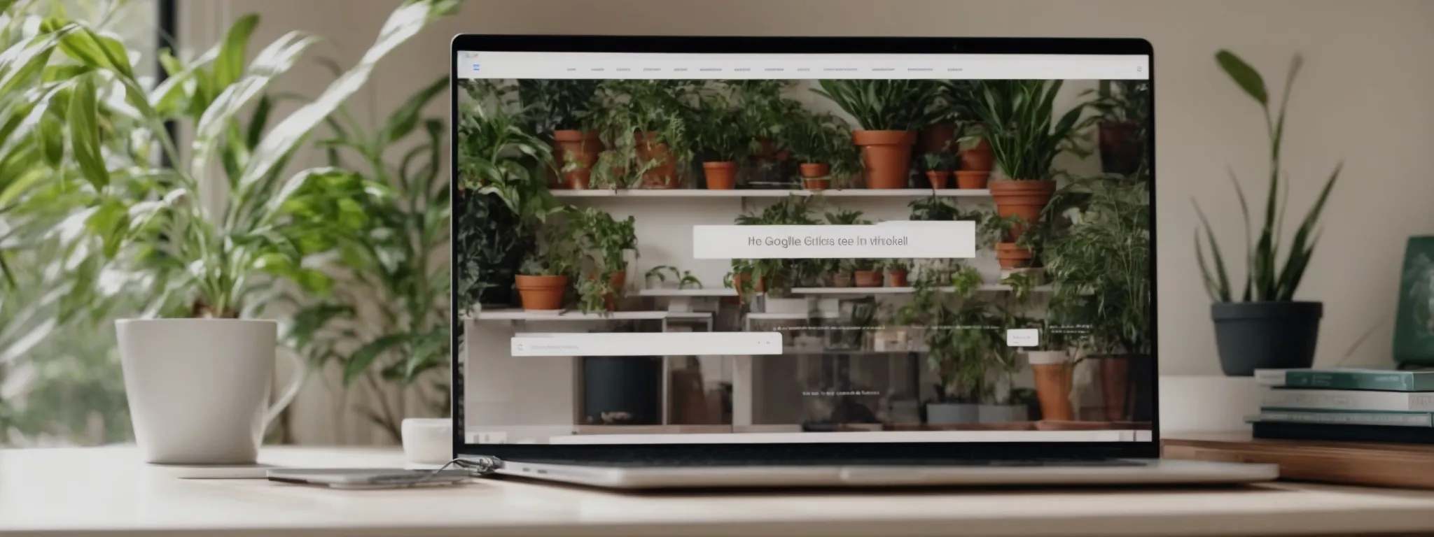 a laptop with google's homepage on the screen set on a desk with a potted plant beside it.