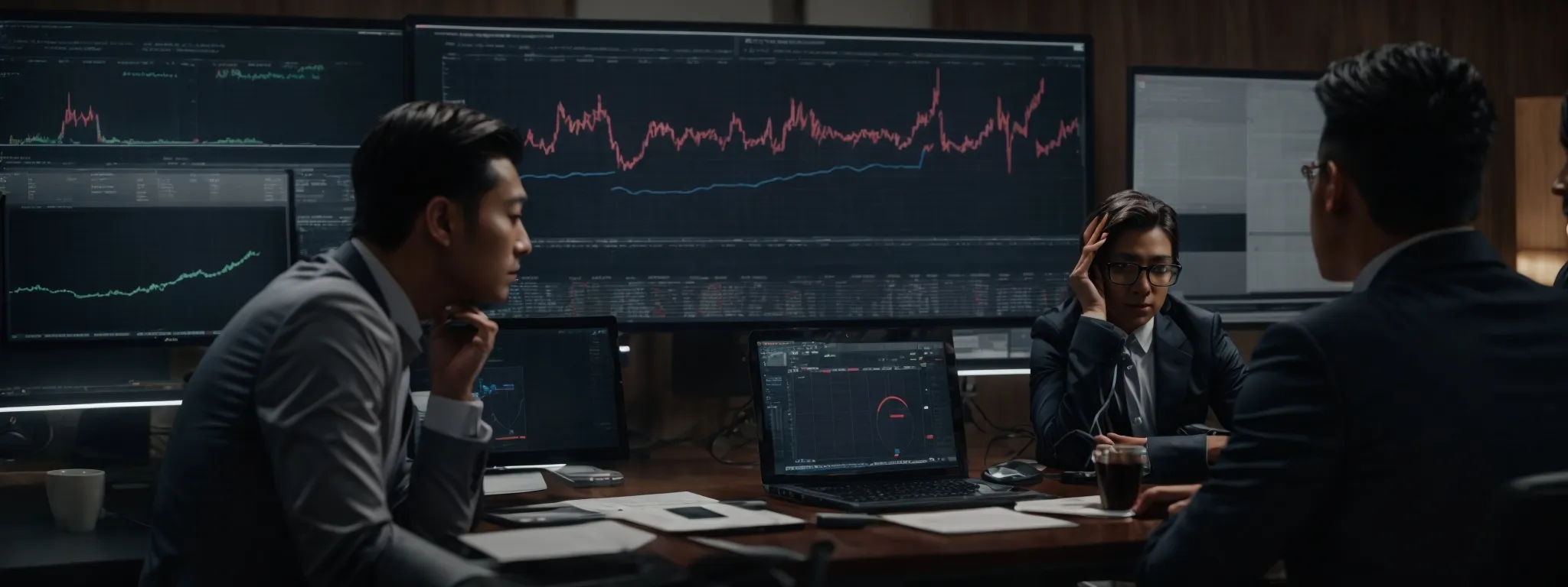 a team of marketers examines complex charts on a computer screen, strategizing their next move based on predictions made by their analytics software.