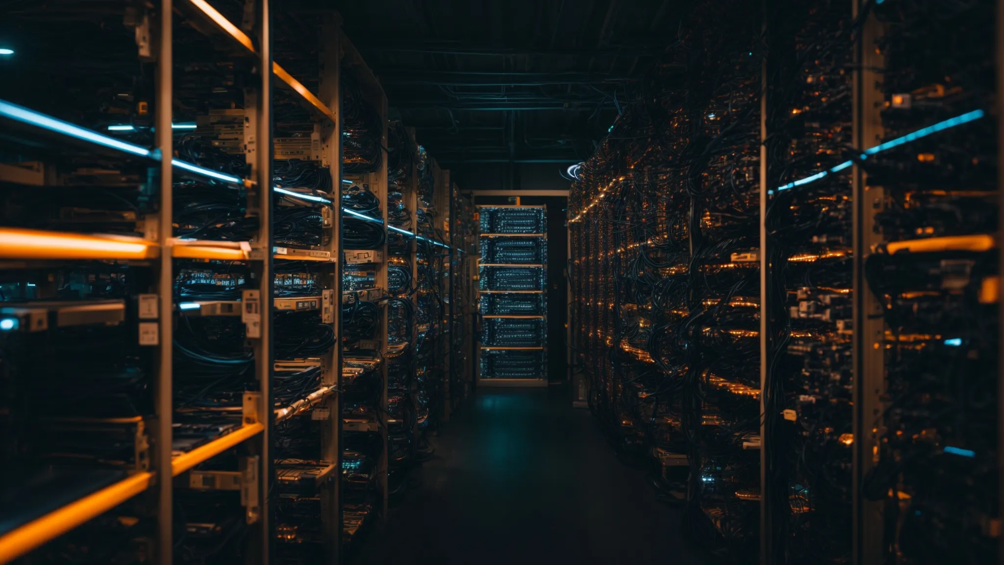 a maze of connected network cables and servers highlights the complex infrastructure of managing an ecommerce platform's technical seo.