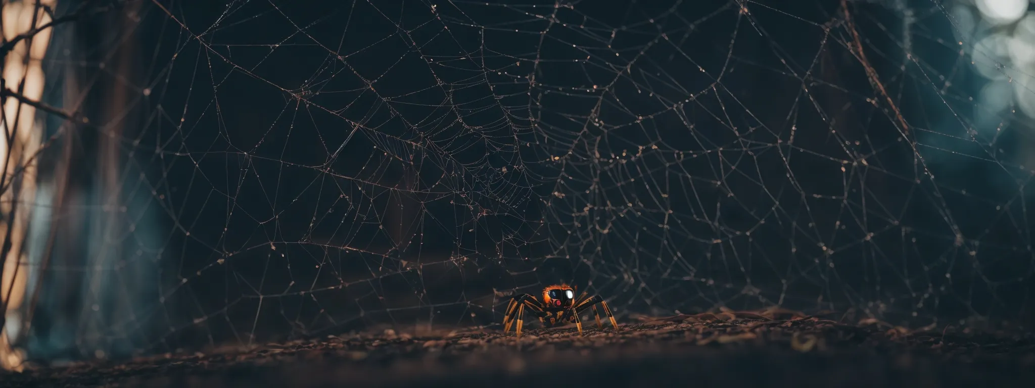 a spider robot traversing a simplified web structure against a digital background.