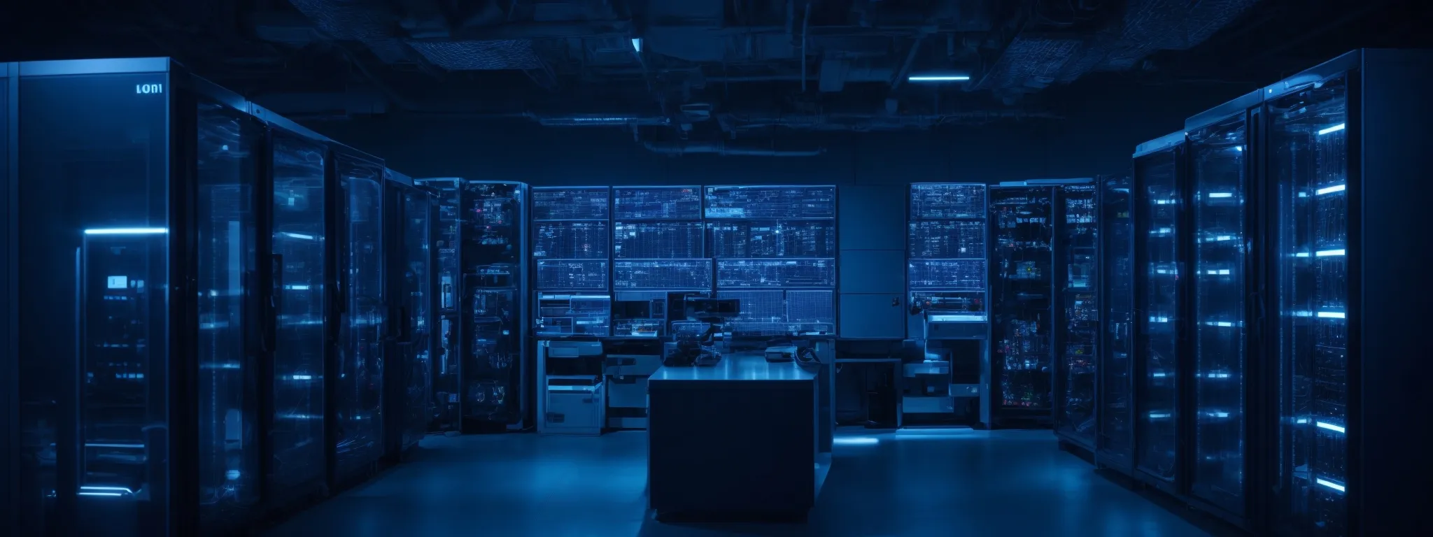a panoramic view of a modern server room with glowing blue lights, symbolizing the technological advancement and security in the future of ssl and seo.