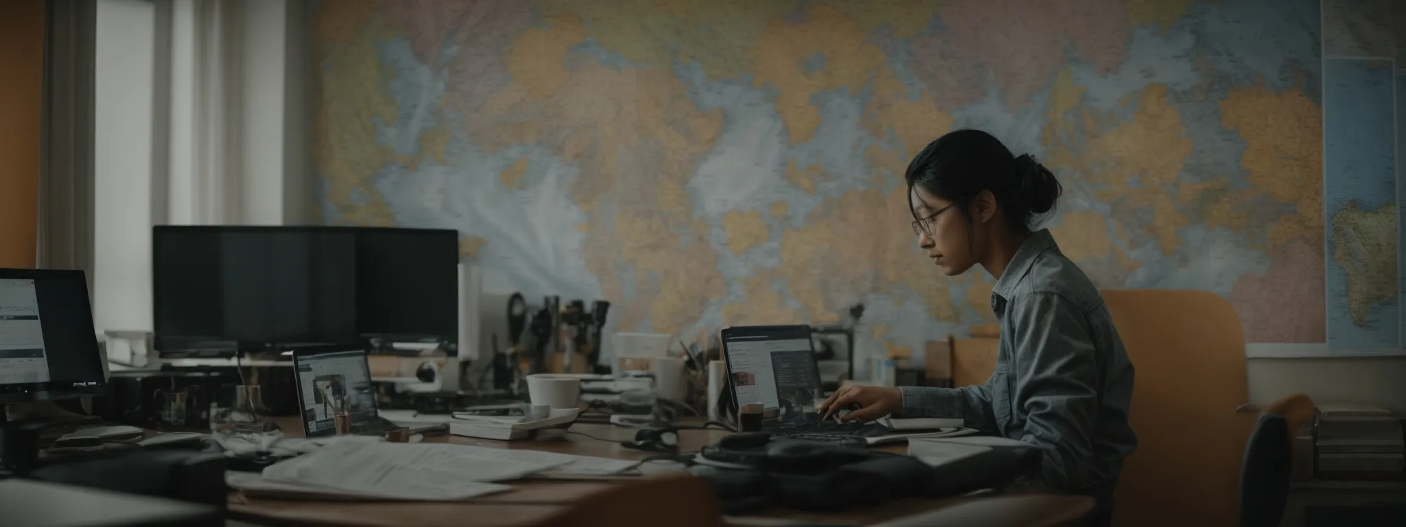 a person working on a computer with multiple world maps and language flags on the screen.