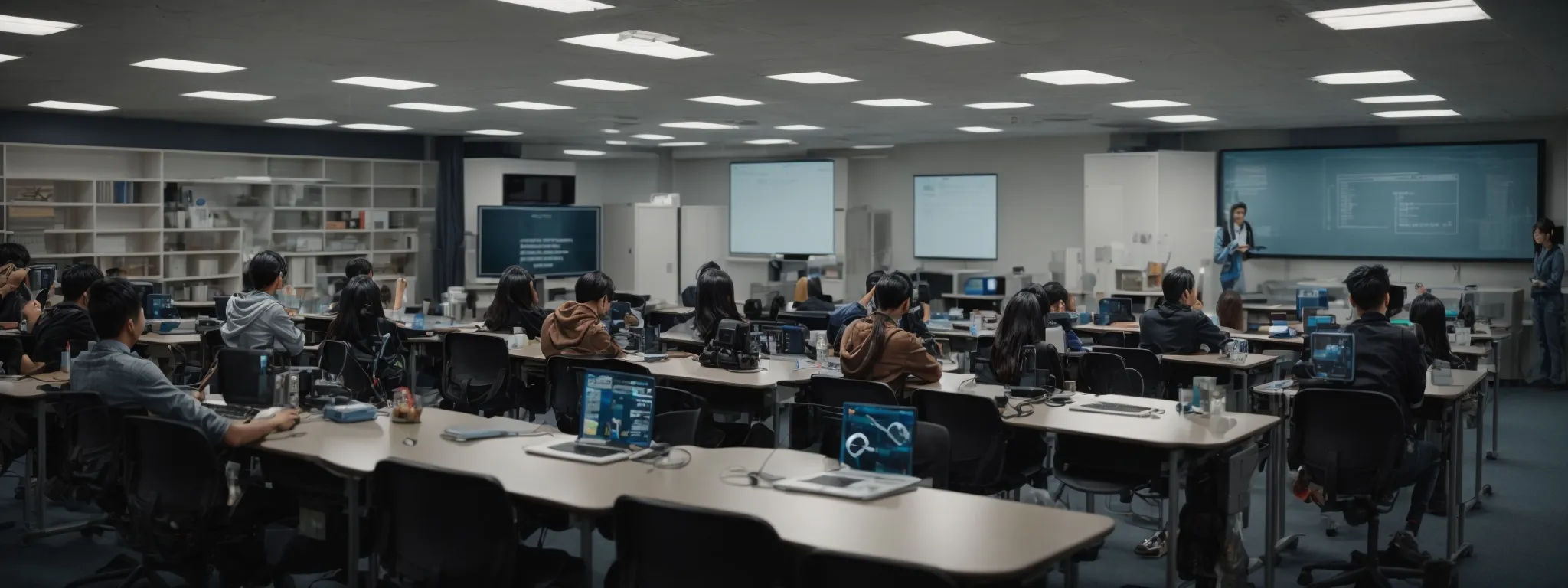 a classroom with futuristic gadgets where students are engaged in cutting-edge seo training sessions.