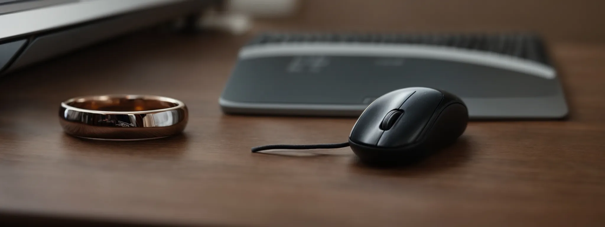 a wedding ring beside a computer mouse on a desk.