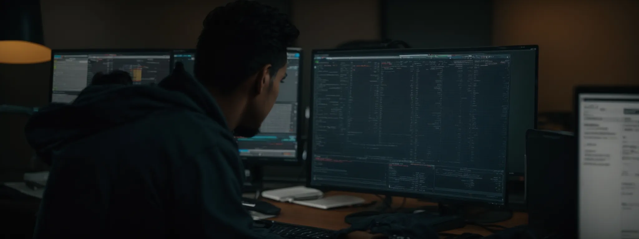 a person sits at a computer, intently examining a screen filled with code and seo analytics.