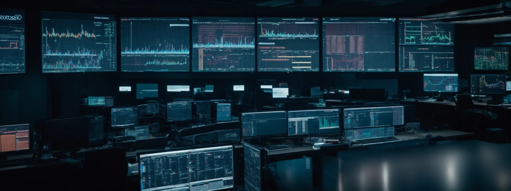 a high-tech control room with large monitors displaying data analytics and digital marketing metrics.