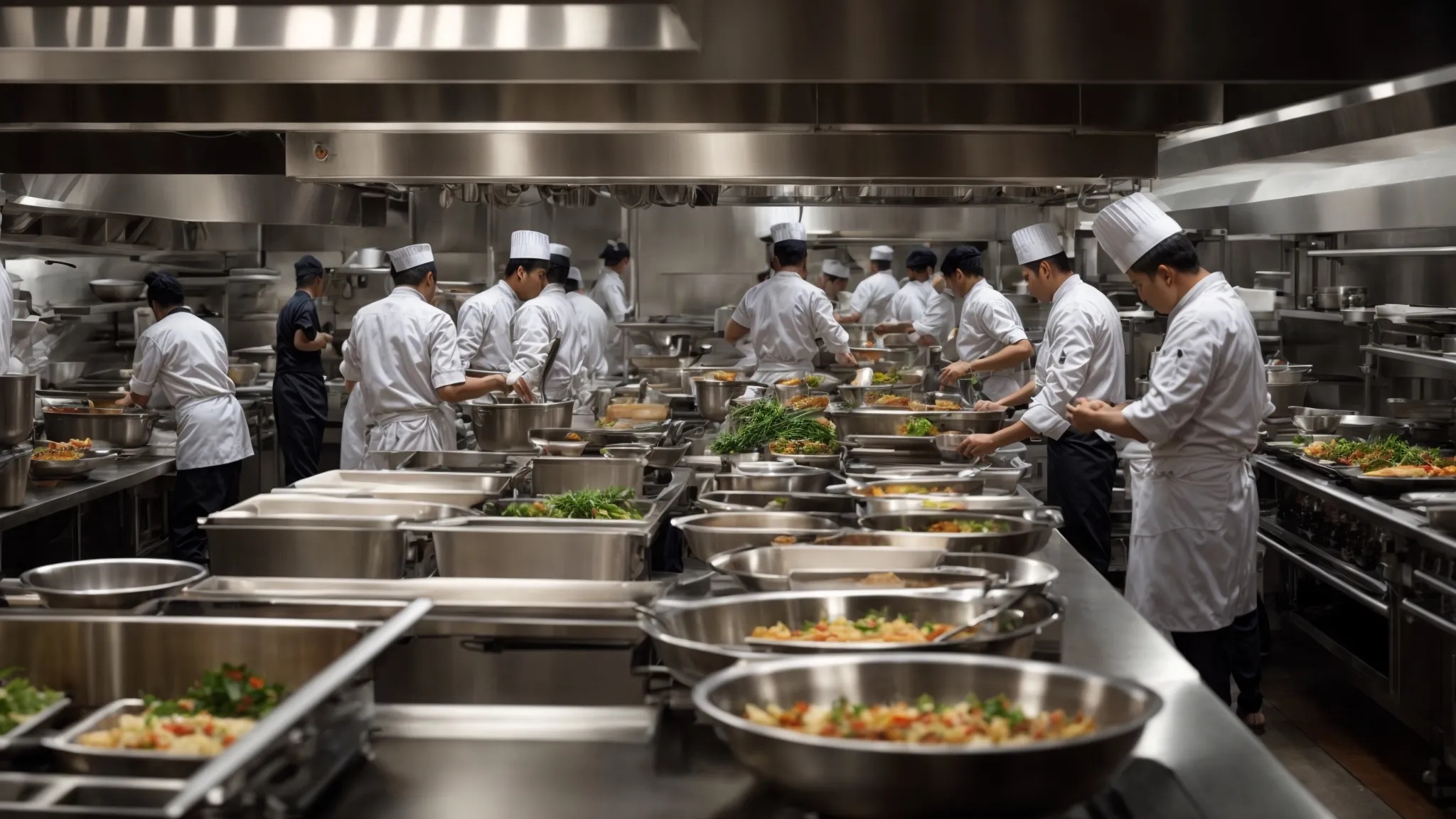 a bustling restaurant kitchen with chefs swiftly plating dishes, symbolizing rapid service and efficiency.