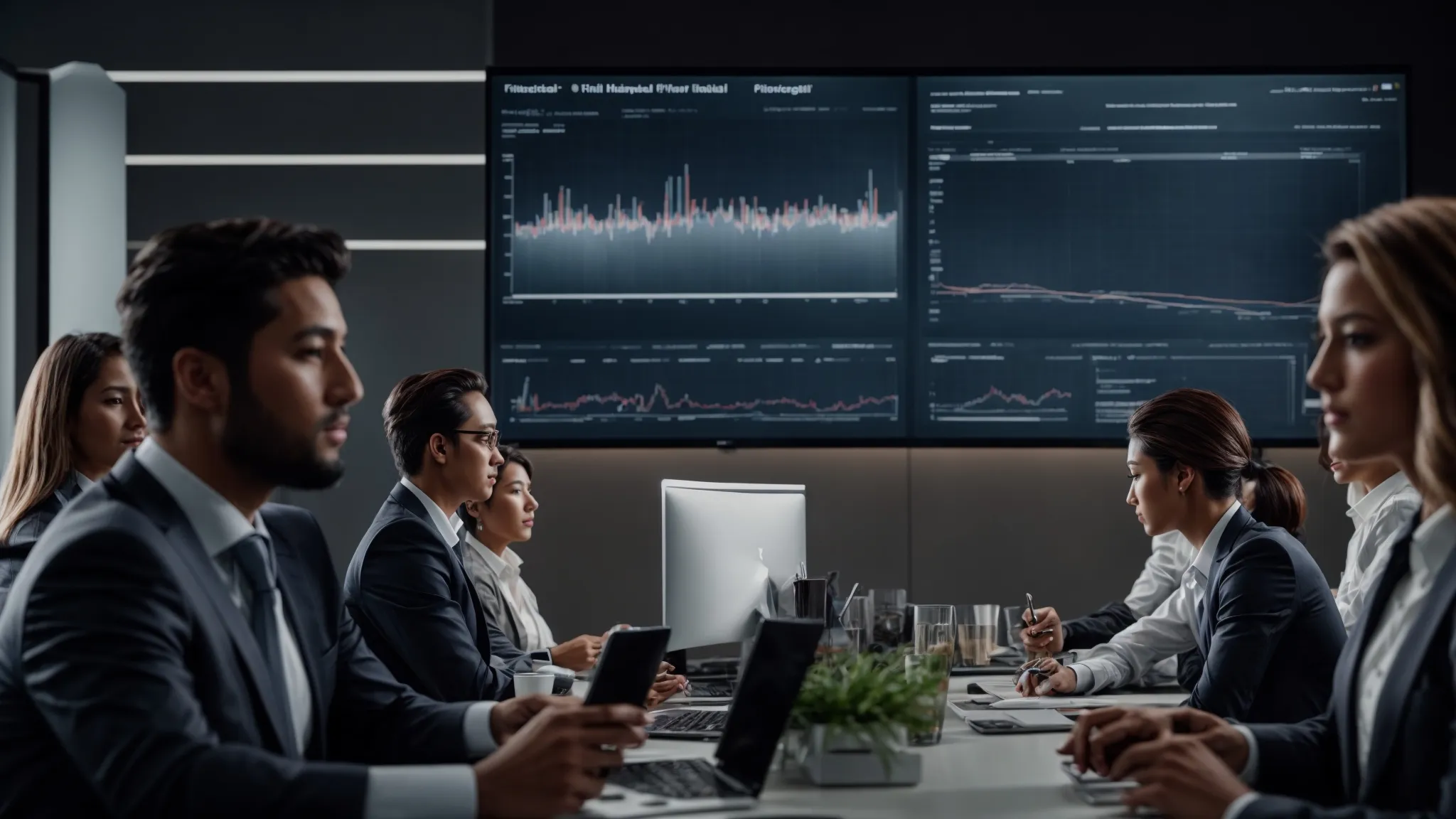 a group of business professionals analyzing data visualizations on a large monitor in a modern office setting.