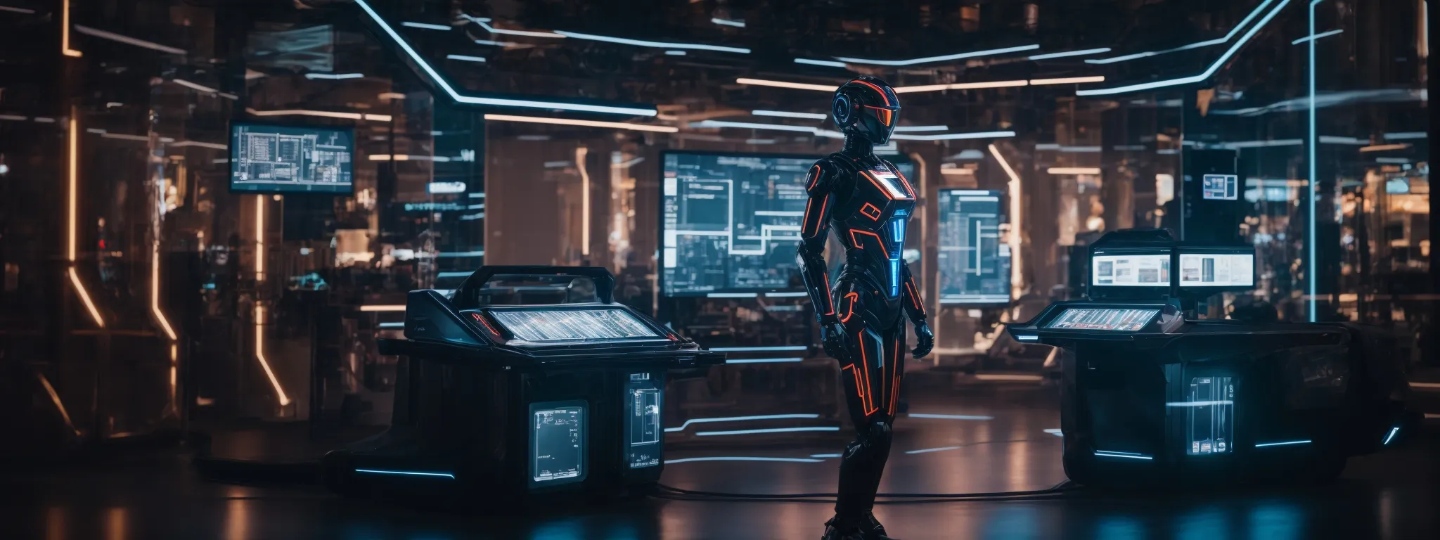 a sleek, futuristic robot surrounded by various illuminated digital screens showcasing advanced technology interfaces.