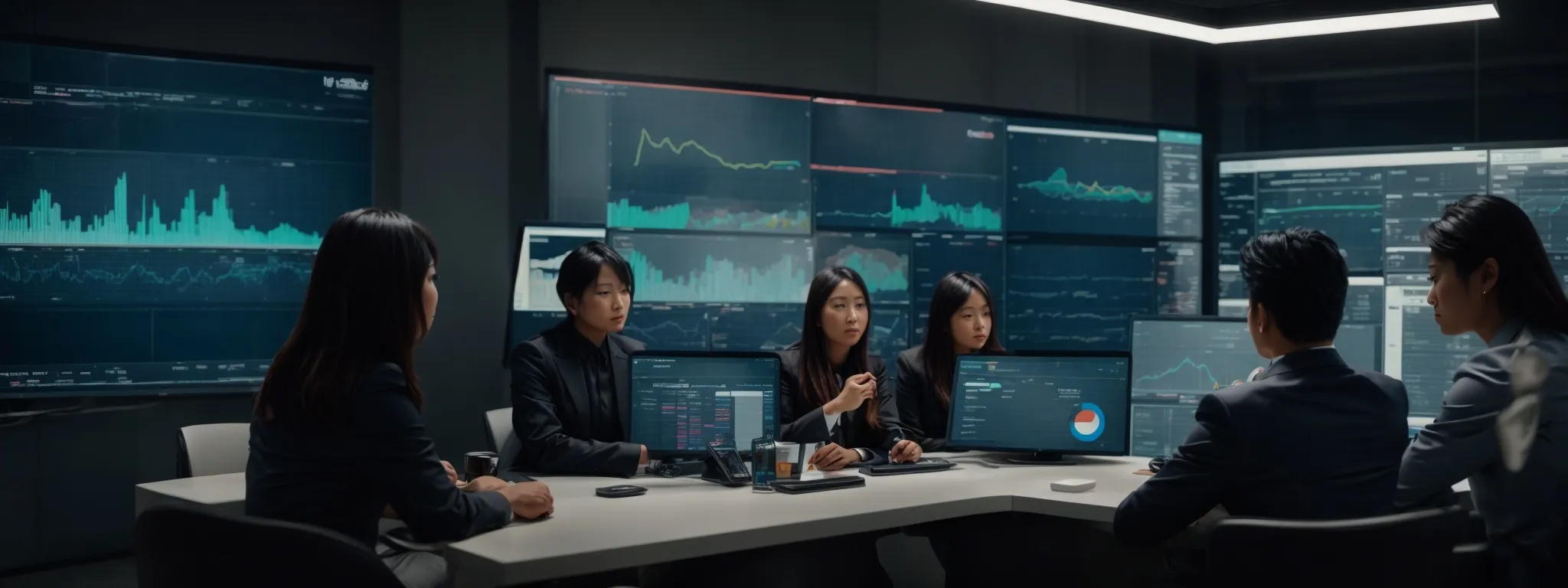 a team of marketers strategizes around a futuristic dashboard displaying analytics charts and consumer behavior predictions.