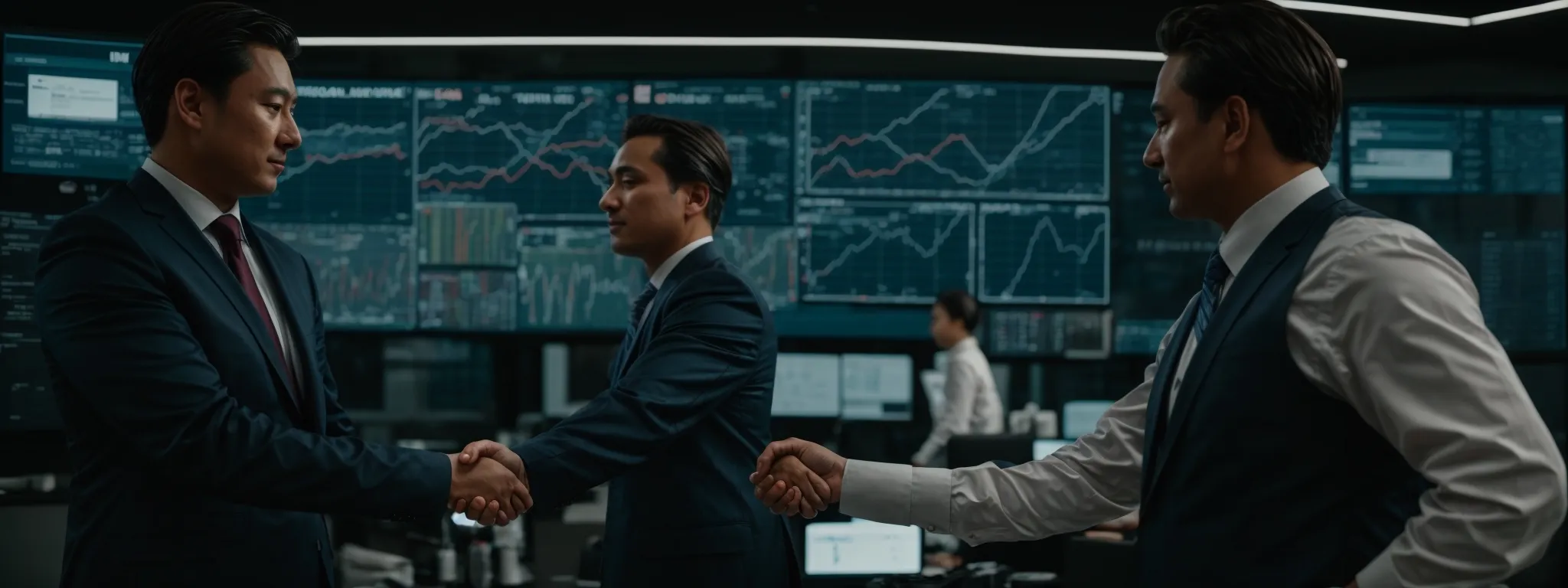 two business professionals shaking hands in front of a digital screen displaying a web interface.