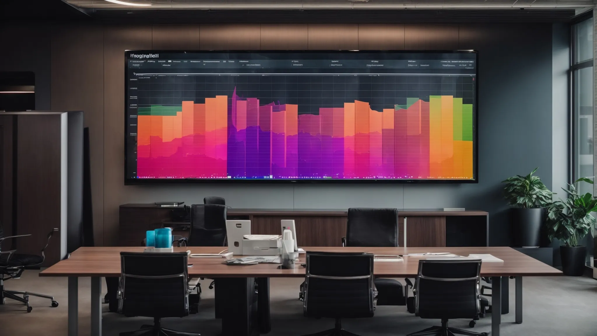 a modern office meeting room with a large monitor displaying colorful graphs and marketing metrics next to the words "linkgraph faqs."