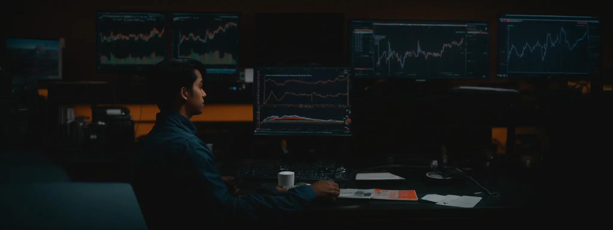 a person sitting before a computer with multiple graphs and analytics displayed on the screen.