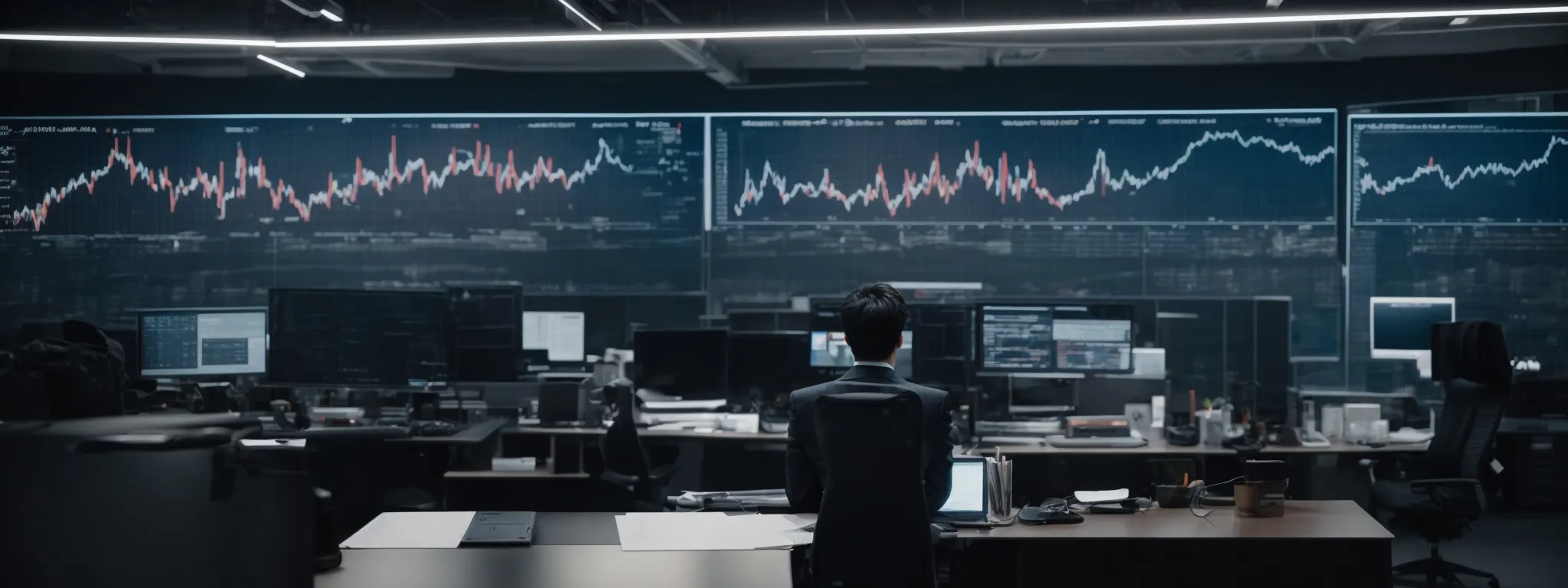 a professional in a modern office examines complex graphs on a high-tech digital interface, visualizing marketing analytics enhanced by ai technology.