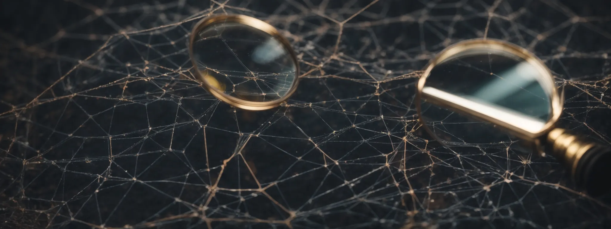 a magnifying glass hovering over a web of interconnected nodes symbolizing the scrutiny and strategy involved in link building for seo.