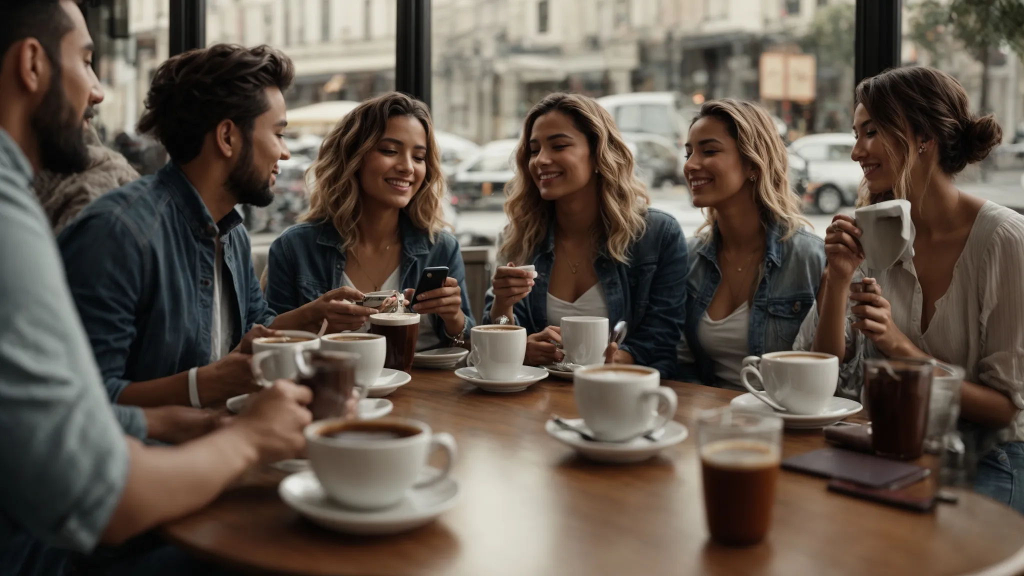 a satisfied group of customers sits around a cafe table, savoring coffee and engaging with their smartphones.