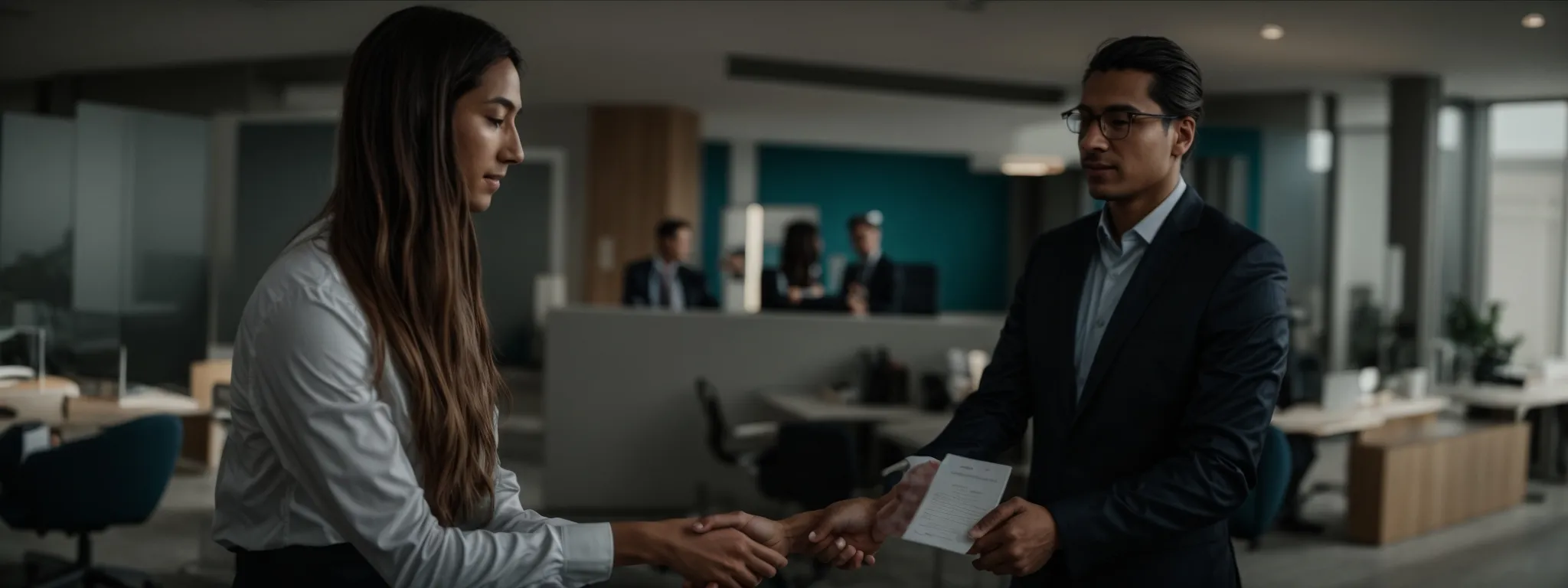 two professionals shaking hands in a modern office, symbolizing a partnership agreement.