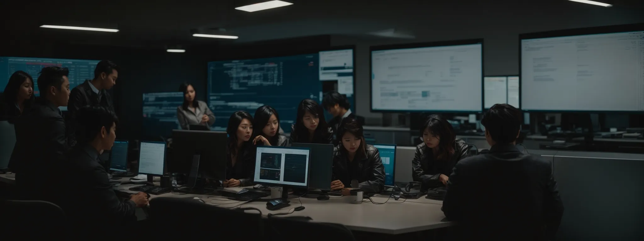 a digital marketing team huddles around a computer, analyzing website performance metrics.