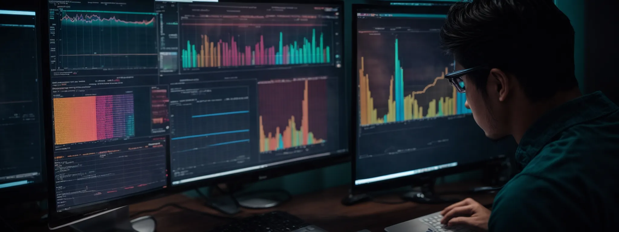 a focused individual analyzing colorful graphs and analytics on a computer screen, revealing user behavior patterns.
