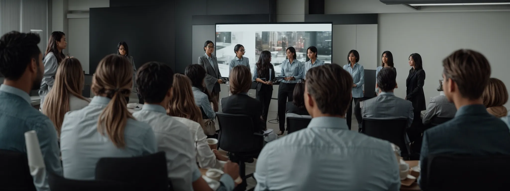 a diverse group of professionals is gathered around a large digital screen, actively engaging in a collaborative session with virtual participants.