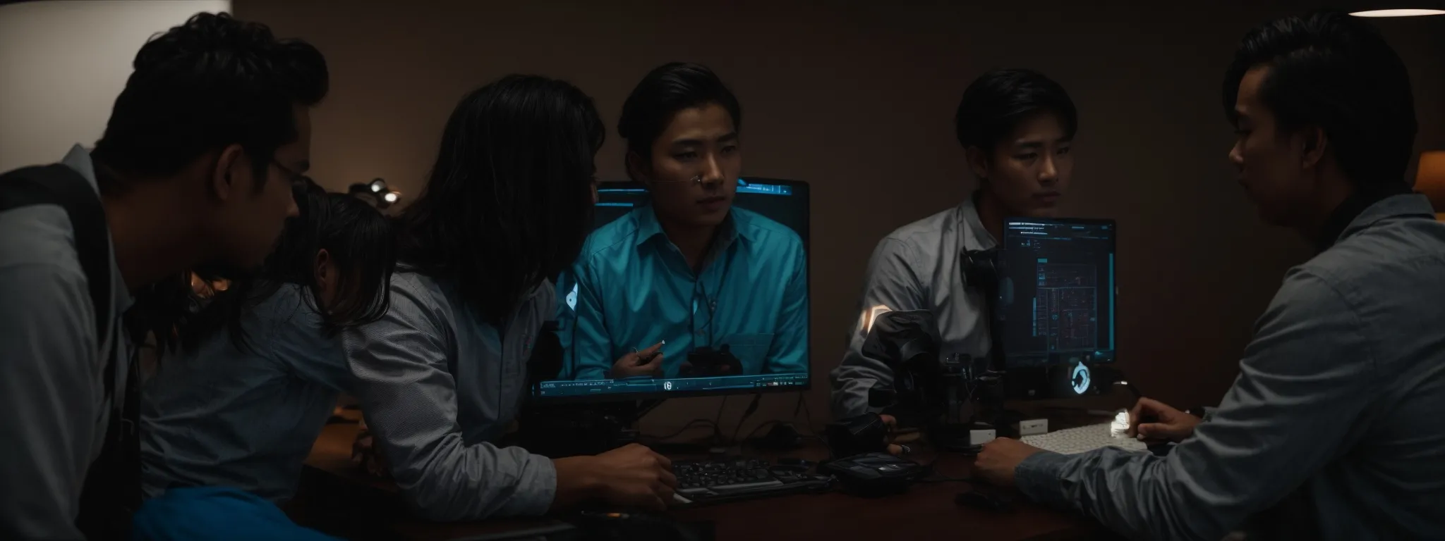a team gathered around a computer discussing a strategy.