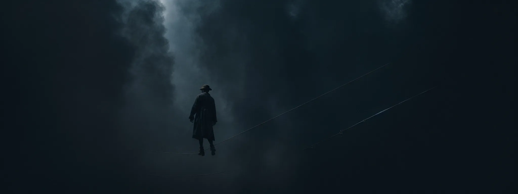 a shadowy figure carefully navigates a tightrope above a digital abyss, highlighting the precarious nature of cloaking strategies.