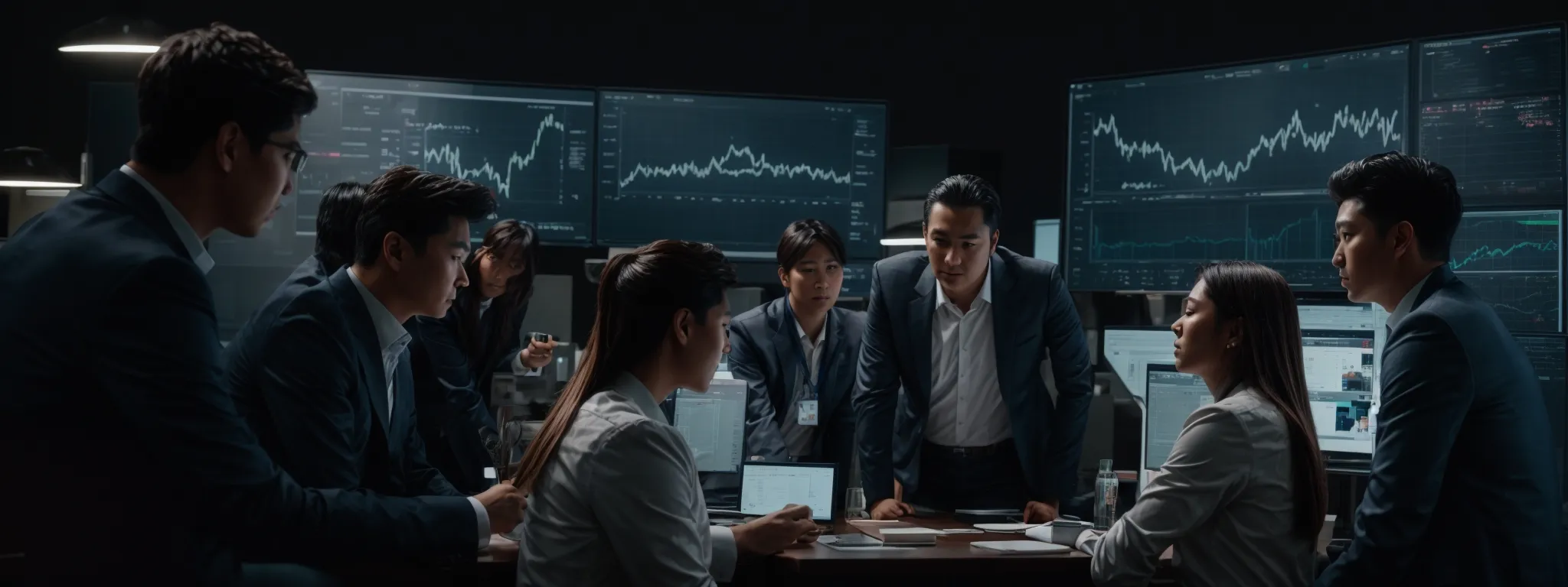 a strategic team huddles around a large monitor displaying seo analytics and graphs, embracing the spirit of analytical competition.