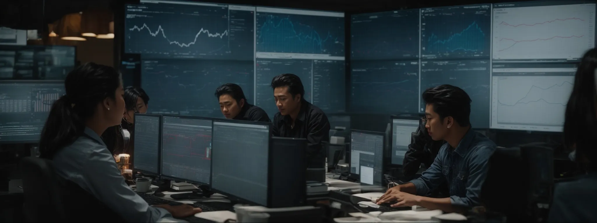 a group of professionals collaboratively examines data charts on a large monitor, analyzing seo performance metrics.
