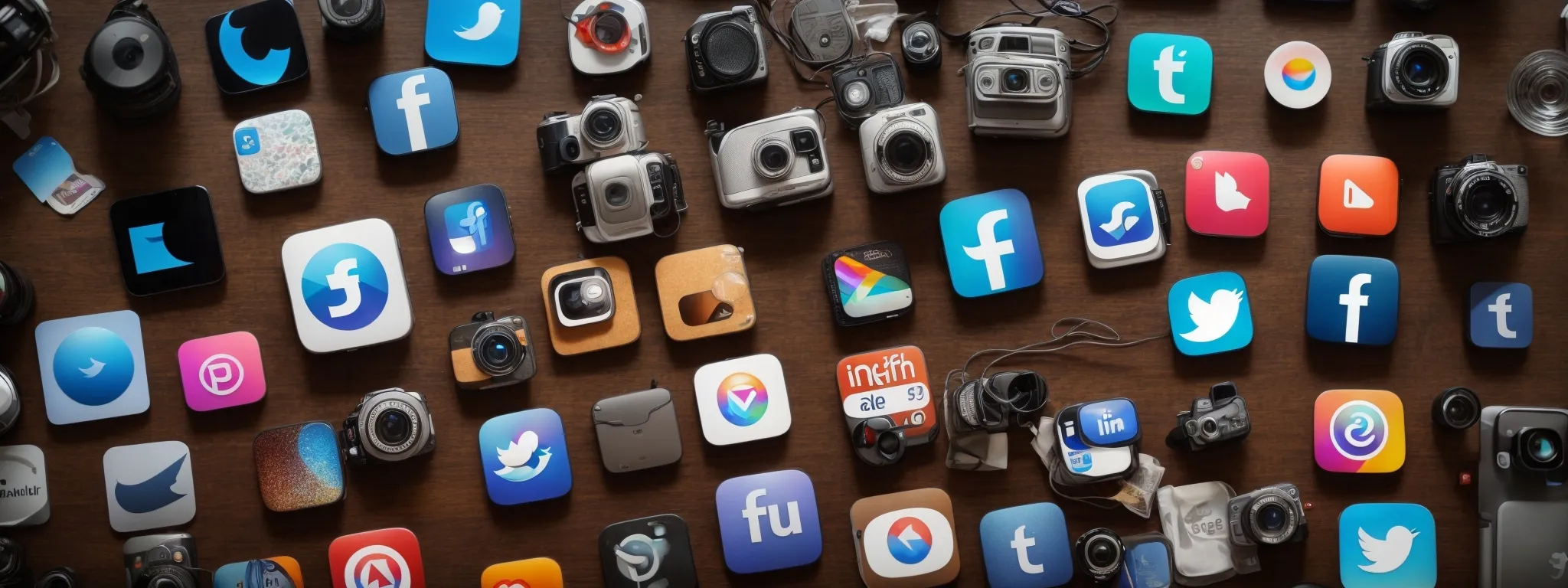 a smartphone showing a diverse array of social media application icons on its screen, resting on a marketer's workspace.