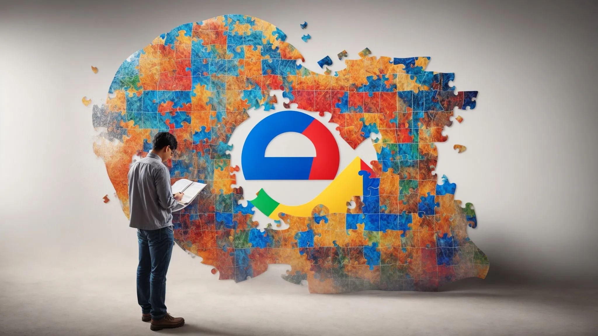 a person studying a large puzzle shaped like the google logo, symbolizing the analysis of search engine rankings.