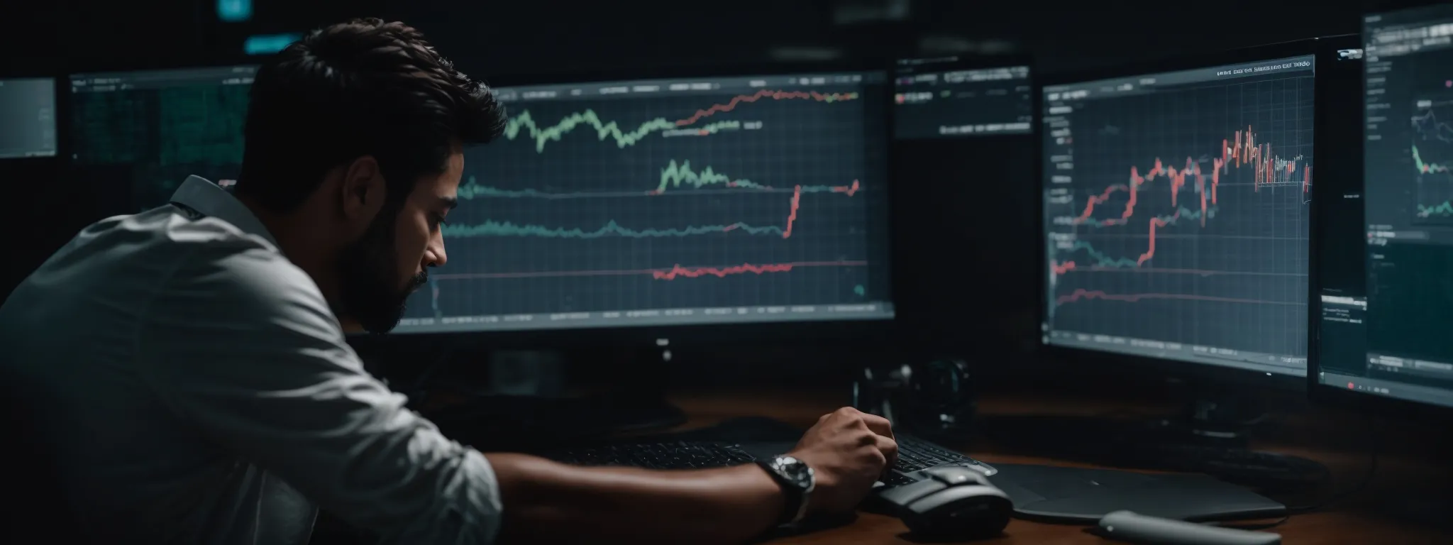 a digital marketer analyzing graphs on a computer screen that represents search volume trends and keyword analytics.