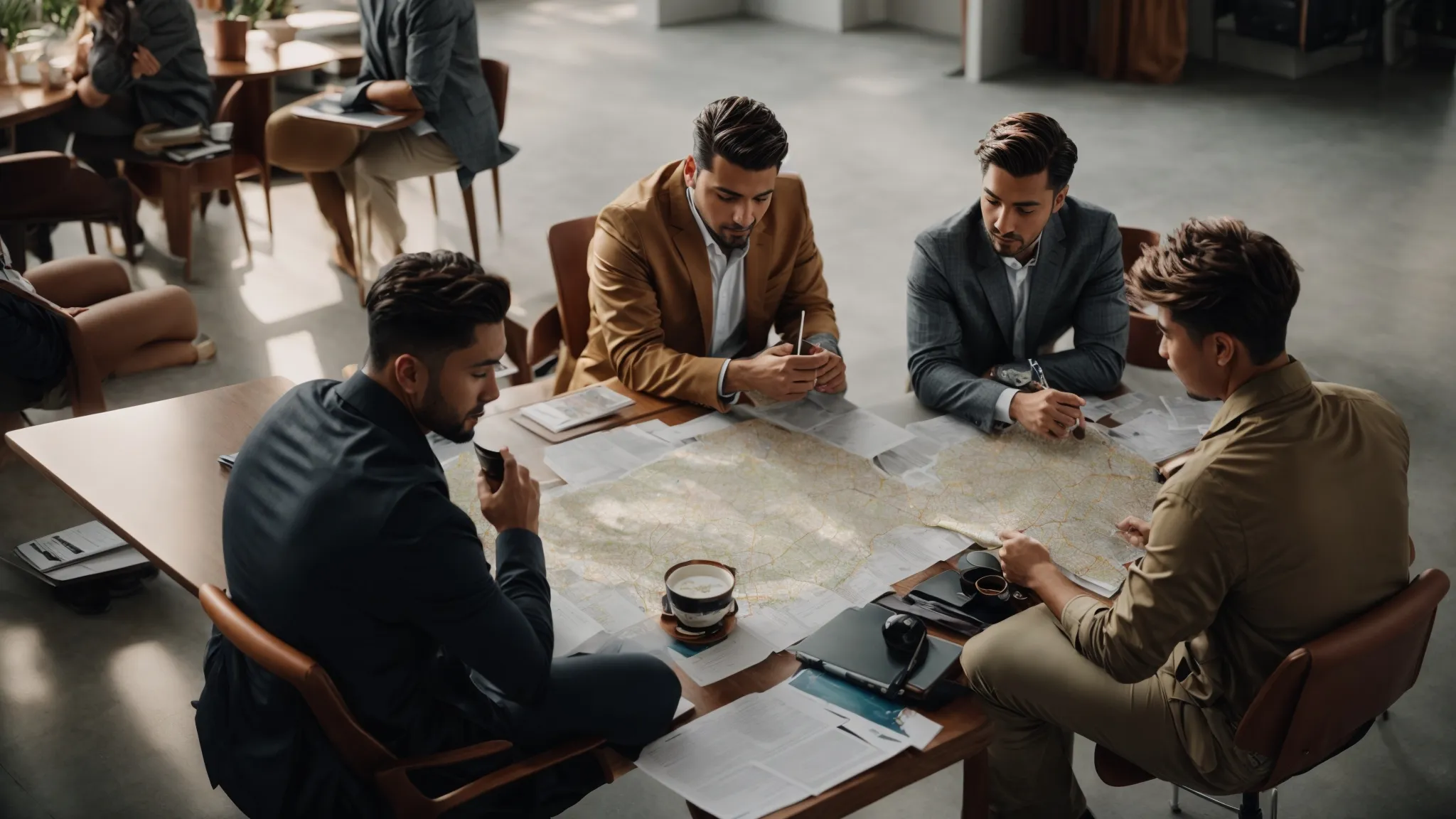 a marketing team sitting around a table, strategizing over a local map peppered with connection points.