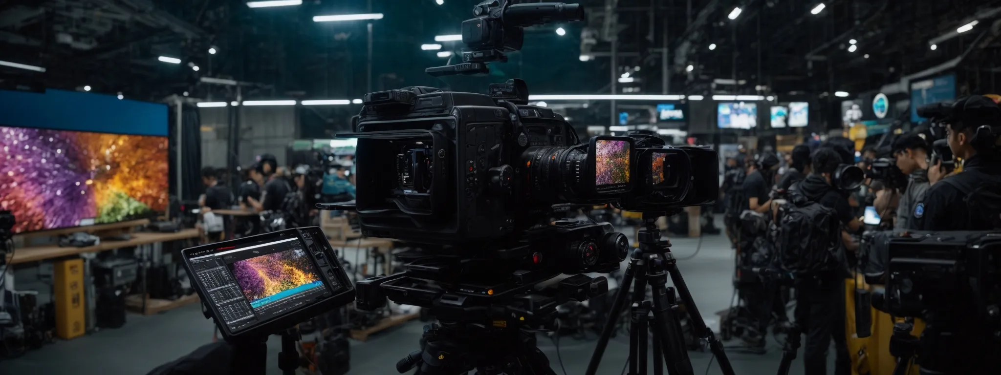 a camera on a tripod overlooks a bustling production set with screens displaying colorful graphics and engaging visuals.