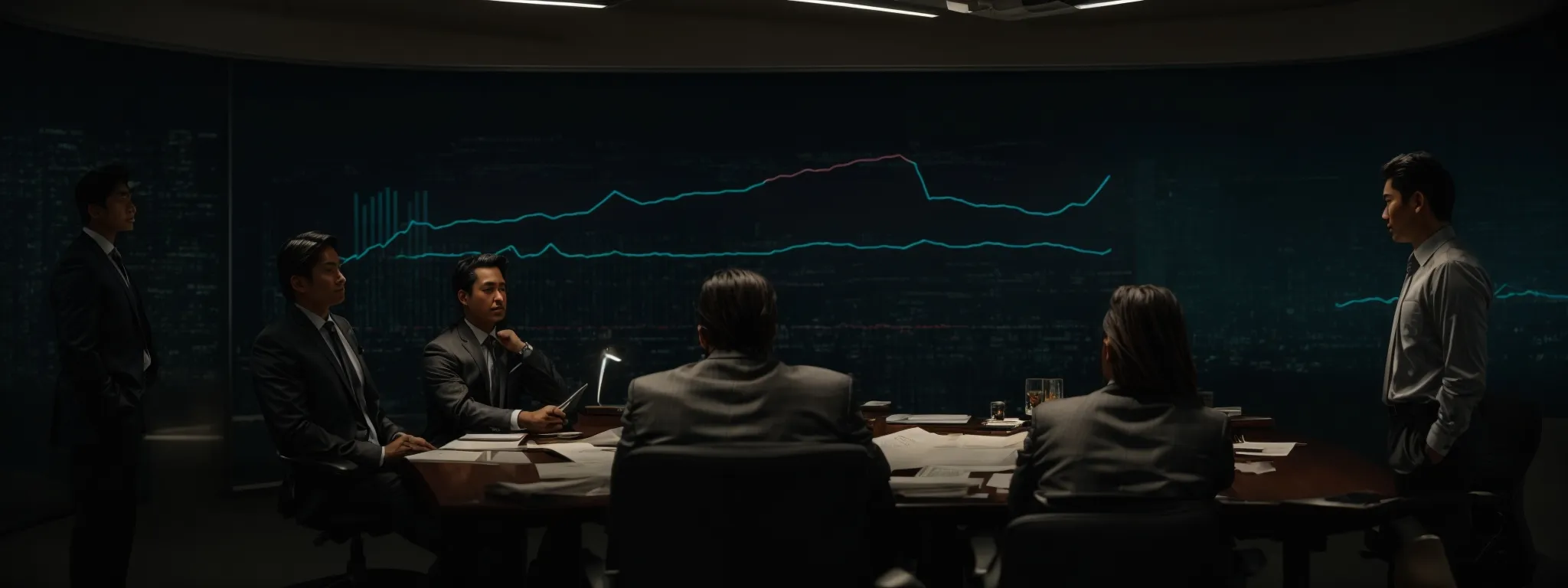  a dimly lit boardroom with a frustrated marketing team examining graphs on a large monitor.