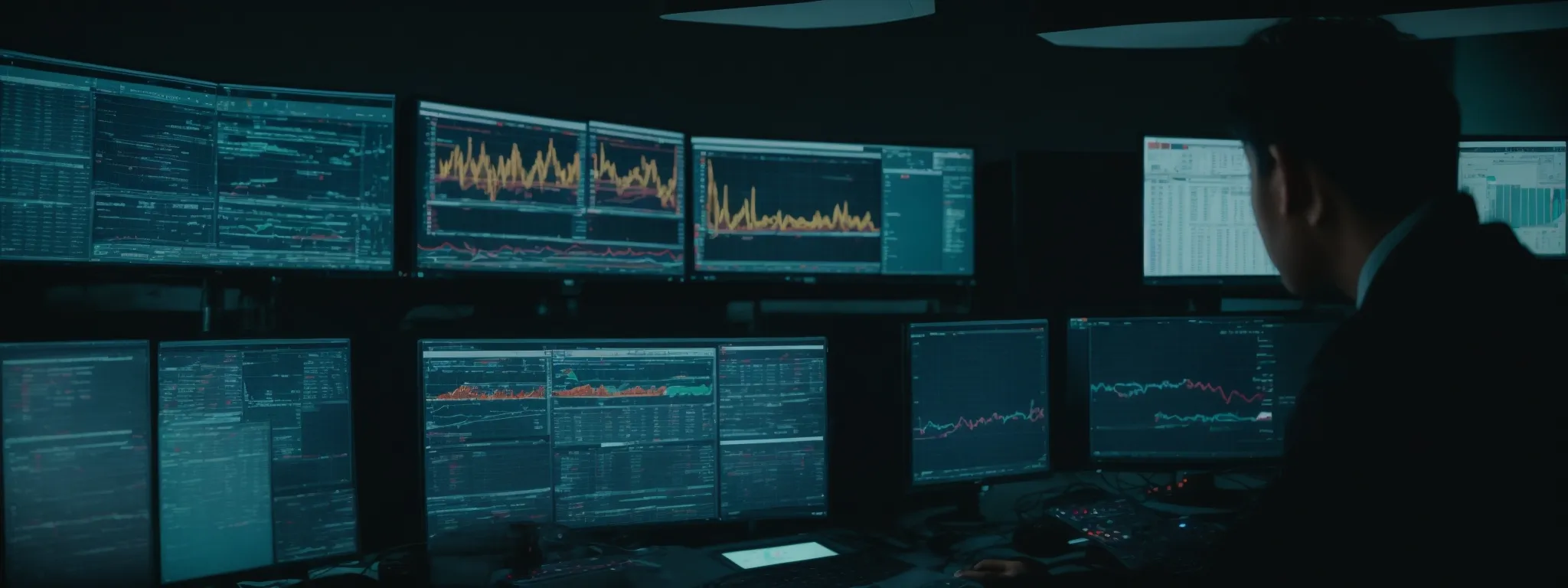a person analyzing data trends on multiple computer screens in a futuristic control room.