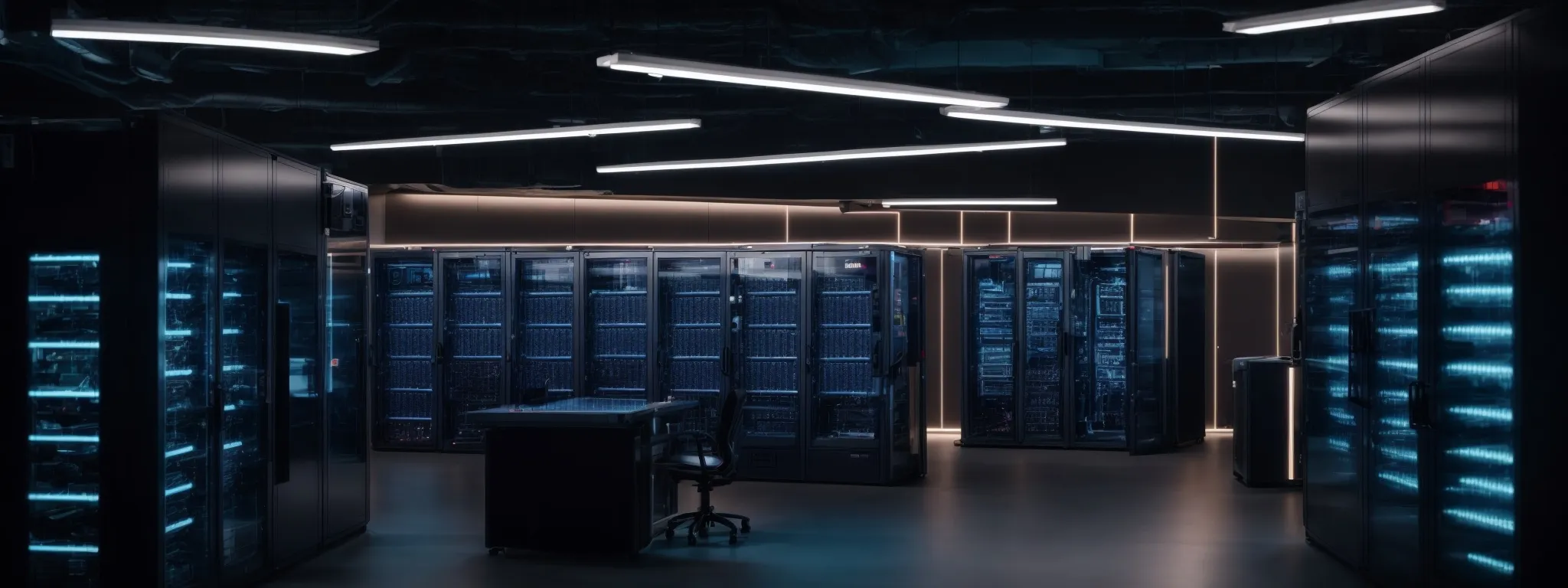 a high-tech server room with glowing lights indicative of a fast and secure fashion e-commerce platform.