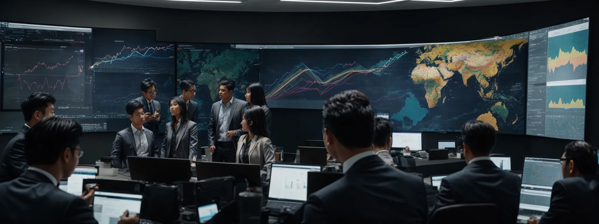 a group of professionals gathered around a large monitor displaying colorful graphs and data analysis, actively engaged in a strategic seo meeting.