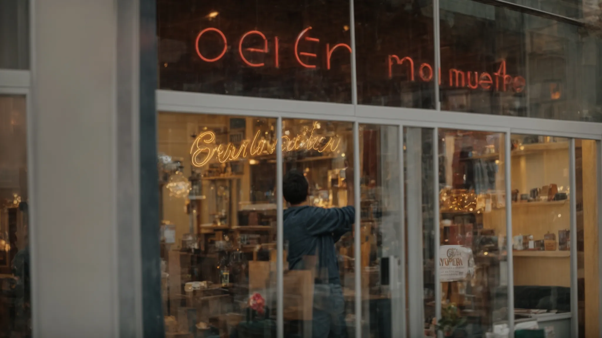 a local business owner is optimistically adjusting an "open" sign on a shop's front window, reflecting a thriving storefront.