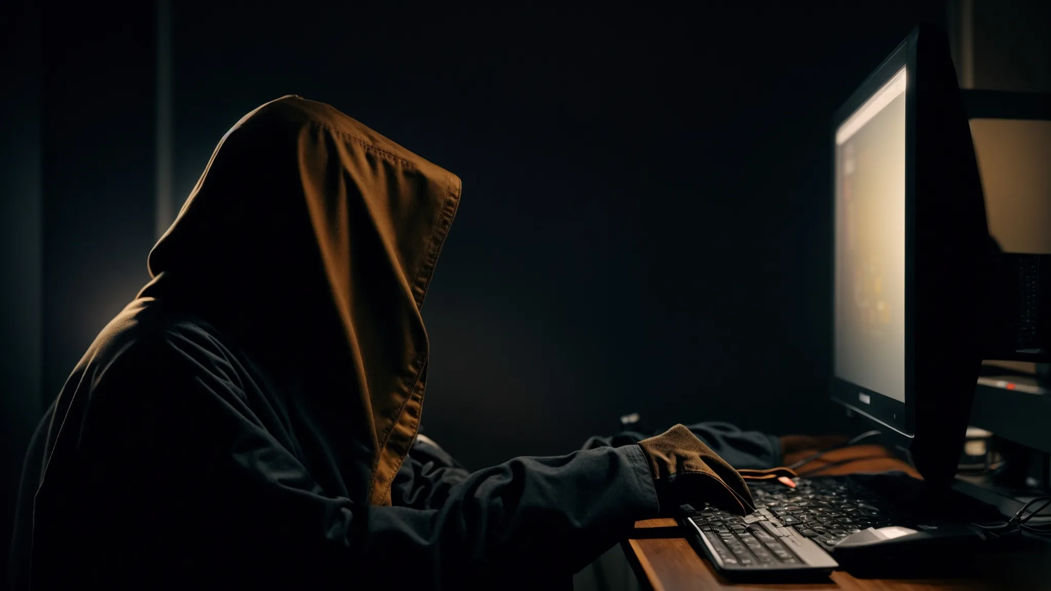 a cloaked figure stealthily inserting a virus into a computer in a dimly lit room.